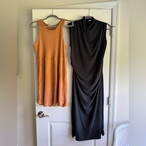 Orange Sleeveless Dress and Black Draped Dress